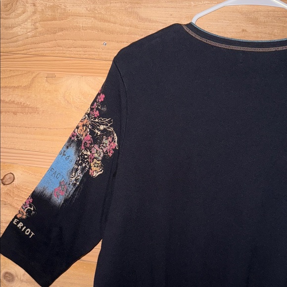 Vanilla Sugar Black tan Blue Graphic 3/4 sleeve Blouse lace Y2K biker chick boho - Picture 6 of 10